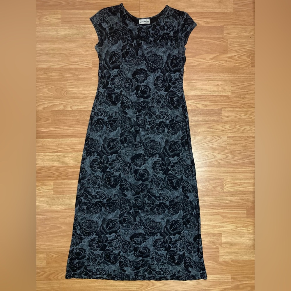 Vintage 90’s Gothic Floral Midi Bodycon Dress - Size L